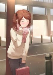  1girl against_pillar amagami bag black_pants blush brown_hair closed_eyes closed_mouth evening hand_up highres holding holding_bag long_sleeves medium_hair mikawa_mikan nakata_sae outdoors pants pink_scarf road scarf smile snowing solo standing sweater twintails white_sweater 