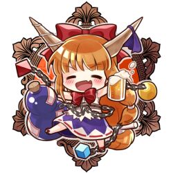  1girl :d =_= beer_mug blunt_bangs blush bow bowtie chain chibi chibi_only colored_skin commentary_request cube cuffs cup facing_viewer fang full_body gourd hair_bow holding holding_cup horn_ornament horn_ribbon horns ibuki_suika long_hair mug multicolored_skin open_mouth orange_hair orb purple_skirt pyramid_(geometry) red_bow red_bowtie red_ribbon ribbon ribbon-trimmed_shirt ribbon_trim shirt skin_fang skirt sleeveless sleeveless_shirt smile socha solo torn_clothes torn_sleeves touhou transparent_background two-tone_skin v-shaped_eyebrows very_long_hair white_shirt 