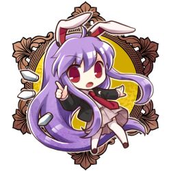  1girl animal_ears black_jacket blazer bullet chibi chibi_only collared_shirt commentary_request crescent crescent_pin full_body jacket long_hair long_sleeves looking_at_viewer necktie open_mouth pink_skirt pleated_skirt purple_hair rabbit_ears red_eyes red_necktie reisen_udongein_inaba shirt skirt socha solo thigh-highs touhou transparent_background v-shaped_eyebrows very_long_hair white_shirt white_thighhighs 