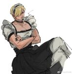  1boy alternate_costume alternate_facial_hair annoyed apron black_dress blonde_hair crossdressing curly_eyebrows dress enmaided frilled_apron frills goatee_stubble hair_over_one_eye highres maid maid_apron maid_headdress male_focus male_maid mcbuckwheat mustache_stubble one_piece pectoral_cleavage pectorals sanji_(one_piece) short_hair short_sleeves solo 