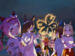  6+girls :o absurdres admire_vega_(umamusume) ahoge alternate_costume animal_ears black_shorts blonde_hair blue_shirt bow_hairband brown_hair character_print closed_eyes closed_mouth clouds collared_shirt curren_chan_(umamusume) dress fireworks grey_hair hair_intakes hair_over_one_eye hairband haru_urara_(umamusume) hello_kitty hello_kitty_(character) highres horse_ears horse_girl horse_tail leaning_forward long_hair looking_at_viewer meisho_doto_(umamusume) multiple_girls narita_top_road_(umamusume) night no_uwazumi open_mouth outdoors outstretched_arms own_hands_together pink_eyes pink_hair pink_shirt red_shorts rice_shower_(umamusume) sanrio shirt short_hair short_sleeves shorts smile spread_arms squatting standing t.m._opera_o_(umamusume) tail tail_through_clothes taking_picture umamusume violet_eyes white_dress white_shirt 