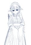  1girl alternate_costume breasts commentary enmaided feathers greyscale hair_ribbon harpy highres indie_virtual_youtuber khriss maid maid_headdress mavia_(vtuber) medium_breasts monochrome monster_girl ribbon smile solo virtual_youtuber winged_arms wings 