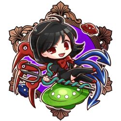  1girl :d ahoge asymmetrical_wings black_dress black_thighhighs bow bowtie chibi chibi_only commentary_request dress full_body holding holding_polearm holding_weapon houjuu_nue looking_at_viewer medium_hair open_mouth polearm red_bow red_bowtie red_eyes red_footwear short_sleeves smile snake socha solo thigh-highs touhou transparent_background trident ufo v-shaped_eyebrows weapon wings 