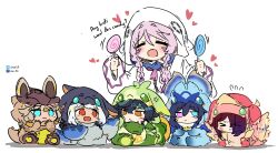  2boys 4girls absurdres aged_down alternate_costume black_hair blue_eyes blush braid brown_hair candy chasca_(genshin_impact) chibi citlali_(genshin_impact) closed_eyes commentary cosplay english_commentary english_text facial_tattoo flying_sweatdrops food genshin_impact green_eyes heart heterochromia highres holding holding_candy holding_food holding_lollipop iktomisaurus_(genshin_impact) kachina_(genshin_impact) kinich_(genshin_impact) koholasaurus_(genshin_impact) lollipop mualani_(genshin_impact) multiple_boys multiple_girls ororon_(genshin_impact) pink_eyes purple_hair qucusaurus_(genshin_impact) sesield sweat tattoo tepetlisaurus_(genshin_impact) twin_braids white_hair yellow_eyes yumkasaurus_(genshin_impact) 