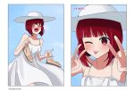  1girl arima_kana blue_background bob_cut closed_eyes dress highres inverted_bob looking_at_viewer one_eye_closed open_mouth oshi_no_ko red_eyes redhead short_hair simple_background smile tongue tongue_out tsunkyunn v white_dress white_headwear 
