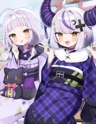  2girls :d :p ahoge blush braid closed_mouth commentary_request crescent crescent_hair_ornament cross_hair_ornament demon_girl demon_horns ear_piercing fang grey_hair hair_ornament highres hololive horns japanese_clothes kimono la+_darknesss looking_at_viewer medium_hair multicolored_hair multiple_girls murasaki_shion nail_polish noi_mine obi open_mouth outdoors piercing pointy_ears purple_hair purple_kimono sash shiokko_(murasaki_shion) short_hair single_braid sitting skin_fang smile sparkle_hair_ornament streaked_hair striped_horns tongue tongue_out v virtual_youtuber yellow_eyes 