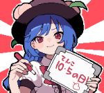  1girl ahiru_tokotoko black_headwear blue_hair bow bowtie center_frills closed_mouth commentary_request frills highres hinanawi_tenshi leaf long_hair outline peach_hat_ornament pixel_art red_background red_bow red_bowtie red_eyes short_sleeves signature smile solo touhou two-tone_background upper_body white_background white_outline whiteboard 