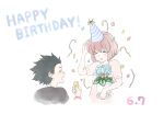  1boy 1girl aged_down black_hair black_shirt blue_flower brown_hair closed_eyes english_text flower happy_birthday hat highres holding ishida_shouya koe_no_katachi nishimiya_shouko open_mouth party_hat party_popper pink_shirt plant potted_plant shirt short_hair simple_background smile spiky_hair tozawa_(shibungi_21) white_background 