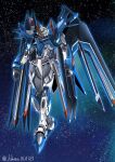  blue_eyes commentary full_body gundam gundam_seed gundam_seed_freedom highres light_particles looking_at_viewer mecha mobile_suit no_humans rising_freedom_gundam robot science_fiction shimashun twitter_username v-fin 