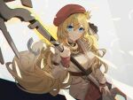  1girl agnes_claudel blonde_hair blue_eyes double-parted_bangs eiyuu_densetsu grey_background hair_between_eyes hat jacket kuro_no_kiseki long_hair looking_at_viewer red_headwear red_shirt shirt smile solo staff white_jacket youmicitrustea 