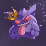  blue_gemstone commentary_request crown deleca7755 full_body gem gengar grey_background highres looking_at_viewer no_humans open_mouth pink_eyes pokemon pokemon_(creature) smile solo teeth tongue tongue_out 