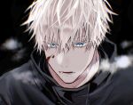  1boy black_background black_jacket blood blood_on_face blue_eyes breath gojou_satoru jacket jujutsu_kaisen male_focus nukomaru open_mouth portrait short_hair simple_background solo white_hair 