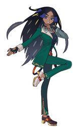  1girl alternate_costume belt black_gloves black_hair blue_eyes buttons collared_shirt commentary_request cosplay dark-skinned_female dark_skin eyelashes fingerless_gloves full_body geeta_(pokemon) gloves green_jacket green_pants hand_up highres jacket leg_up long_hair long_sleeves lvetica midriff_peek pants parted_bangs pokemon pokemon_(game) pokemon_sv shirt shoes simple_background sirius_symboli_(umamusume) sirius_symboli_(umamusume)_(cosplay) smile solo standing standing_on_one_leg umamusume white_background zipper zipper_pull_tab 