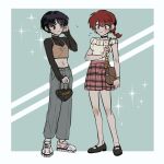  2girls alternate_costume blush breasts character_name fashion heart keychain mnr1888 multiple_girls navel pants ranma-chan ranma_1/2 redhead short_hair skirt sparkle tendou_akane white_footwear 