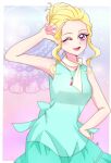  1girl blonde_hair border bufanda dress fuurin_asumi green_dress healin&#039;_good_precure highres jewelry long_hair looking_at_viewer momotarouooi necklace open_mouth pink_background precure scarf sleeveless sleeveless_dress smile solo violet_eyes white_border 