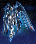 blue_eyes commentary full_body gundam gundam_seed gundam_seed_freedom highres light_particles looking_at_viewer mecha mobile_suit no_humans rising_freedom_gundam robot science_fiction shimashun v-fin