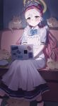  1girl absurdres apron blue_archive blush brown_eyes cat commentary computer couch dress halo highres indoors laptop loloco long_dress long_hair looking_at_object maid maid_apron maid_headdress official_alternate_costume on_couch orange_halo pink_hair short_sleeves sitting solo sweat white_apron yuzu_(blue_archive) yuzu_(maid)_(blue_archive) 