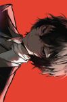  1boy bandaged_neck bandages black_eyes black_hair brown_jacket bungou_stray_dogs closed_mouth dazai_osamu_(bungou_stray_dogs) hair_between_eyes highres jacket light looking_at_viewer male_focus portrait red_background shirt short_hair simple_background smile solo white_shirt ya_ta 