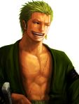  1boy earrings green_hair highres jewelry katana male_focus meta_gun one_eye_closed one_piece open_clothes open_mouth roronoa_zoro scar scar_across_eye scar_on_chest scar_on_face short_hair simple_background single_earring smile solo sword teeth weapon white_background 