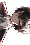  1boy bandaged_neck bandages black_eyes black_hair brown_jacket bungou_stray_dogs closed_mouth dazai_osamu_(bungou_stray_dogs) hair_between_eyes highres jacket light looking_at_viewer male_focus portrait shirt short_hair simple_background smile solo white_background white_shirt ya_ta 