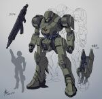  arms_at_sides assault_rifle blue_eyes blueprint_(medium) clenched_hands commentary_request dated full_body grey_background gun highres homare_(fool&#039;s_art) mecha one-eyed original rifle robot science_fiction signature silhouette simple_background size_comparison standing translation_request weapon 