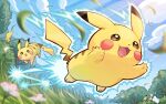  animal_focus blue_sky bright_pupils brown_eyes bush clouds flower forest nature no_humans open_mouth outdoors pikachu pokemon pokemon_(creature) poshii_(posy) sky tree volt_tackle_(pokemon) white_flower white_pupils 