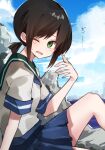  1girl blue_neckerchief blue_skirt blue_sky brown_hair clouds day fubuki_(kancolle) green_eyes green_sailor_collar highres kantai_collection katsuobushi_(eba_games) looking_at_viewer low_ponytail neckerchief one_eye_closed open_mouth outdoors pleated_skirt ponytail rock sailor_collar school_uniform serafuku short_ponytail short_sleeves sidelocks sitting skirt sky solo sweat 