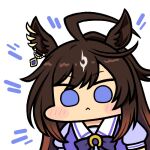  1girl :&lt; ahoge animal_ears blush_stickers bow bowtie brown_hair commentary duramente_(umamusume) earrings emphasis_lines horse_ears horse_girl huge_ahoge jazz_jack jewelry light_brown_hair long_hair lowres multicolored_hair puffy_short_sleeves puffy_sleeves purple_bow purple_bowtie purple_shirt sailor_collar school_uniform shirt short_sleeves single_earring solo summer_uniform tracen_school_uniform two-tone_hair umamusume violet_eyes white_sailor_collar wide_face 