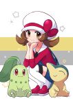  1girl absurdres blue_overalls bow brown_eyes brown_hair cabbie_hat chikorita cyndaquil hat hat_bow highres lyra_(pokemon) overalls pokemon pokemon_(creature) pokemon_(game) pokemon_hgss red_bow red_footwear red_shirt saki_pokeoekaki shirt sleeves_past_elbows smile squatting star_(symbol) thigh-highs twintails twitter_username white_headwear 