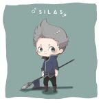  1boy belt boots brown_footwear chibi fire_emblem fire_emblem_fates green_eyes grey_hair highres kedama_mosamosa looking_to_the_side quiff silas_(fire_emblem) smile solo 