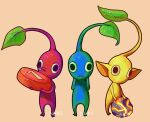  artist_name black_eyes blue_pikmin blue_skin bomb_rock brown_background colored_skin commentary english_commentary full_body hands_on_own_chin holding_pellet leaf looking_at_viewer no_humans no_mouth pellet_(pikmin) pikmin_(series) pointy_ears pointy_nose raisinmuffin red_pikmin red_skin triangle_mouth yellow_pikmin yellow_skin 