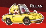  1girl :d animal_ear_fluff animal_ears blonde_hair blush car chibi convertible cookie_(touhou) driving fang fox_ears fox_girl full_body hair_between_eyes looking_at_viewer lotus_elan medium_bangs mgrm_ysnr miramikaru_riran motor_vehicle name_connection red_background red_eyes shirt short_hair short_sleeves smile solo upper_body white_shirt 