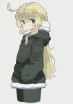  1girl ahoge blonde_hair blue_eyes blush closed_mouth coat expressionless green_coat green_pants hand_in_pocket highres long_hair long_sleeves looking_at_viewer nuko_(shoujo_shuumatsu_ryokou) pants shoujo_shuumatsu_ryokou yoyohachi yuuri_(shoujo_shuumatsu_ryokou) 