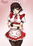  1girl apron artist_name black_pantyhose brown_hair collared_shirt cowboy_shot frilled_apron frilled_skirt frills maid maid_headdress mina_cream niijima_makoto pantyhose persona persona_5 puffy_short_sleeves puffy_sleeves red_eyes shirt short_hair short_sleeves skirt solo white_apron 