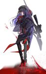  1girl 1mayusibayu beret black_gloves black_hair black_headwear black_jacket black_serafuku blood colored_inner_hair eunhwa_(nikke) fingerless_gloves full_body gloves goddess_of_victory:_nikke gun hat high_heels hood hooded_jacket jacket long_hair multicolored_hair pool_of_blood purple_hair red_jacket reflection rifle school_uniform serafuku sniper_rifle solo two-sided_fabric two-sided_jacket violet_eyes weapon weapon_on_back 