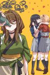  3girls absurdres aqua_ribbon belt black_choker black_hair black_socks blonde_hair blue_belt blue_dress bob_cut bottle breasts brown_footwear brown_hair choker closed_eyes commentary dress drinking english_commentary fafayu girl_drinking_while_guys_make_out_(meme) glasses green_kimono grey_dress hair_ribbon hand_around_neck heart highres inoue_takina japanese_clothes kimono kiss kneehighs large_breasts long_hair lycoris_recoil lycoris_uniform meme multiple_girls nakahara_mizuki neck_ribbon nishikigi_chisato one_side_up over-rim_eyewear pleated_dress red_belt red_dress red_ribbon ribbon semi-rimless_eyewear short_hair short_sleeves sidelocks simple_background socks two-tone_dress upper_body white_sleeves yellow_background yuri 