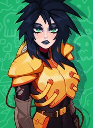  1girl armor black_eyeliner black_hair black_lips breastplate brown_gloves commentary elbow_gloves english_commentary extreme_ghostbusters ghostbusters gloves gothic green_background green_eyes highres kylie_griffin lipstick long_hair looking_at_viewer makeup pale_skin pauldrons qtori shoulder_armor single_pauldron sneer solo 