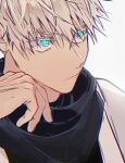  1boy black_scarf blue_eyes closed_mouth gojou_satoru hand_up highres jujutsu_kaisen male_focus nukomaru scarf short_hair simple_background solo upper_body white_background white_hair 