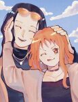  2girls ;q black_hair closed_eyes eyewear_on_head hand_on_another&#039;s_head highres multiple_girls nami_(one_piece) nico_robin one_eye_closed one_piece orange_eyes orange_hair parted_lips teeth tongue tongue_out upper_teeth_only yingchencat yuri 