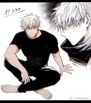  1boy black_pants black_shirt blue_eyes closed_mouth frown gojou_satoru highres jujutsu_kaisen looking_at_viewer male_focus nukomaru pants profile scarf shirt short_hair short_sleeves sitting v-shaped_eyebrows white_background white_hair 