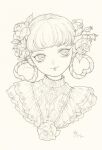  1girl blunt_bangs commentary_request cropped_shoulders flower greyscale hair_flower hair_ornament hair_rings highres looking_to_the_side mizuno_miyako monochrome original rose simple_background sketch smile solo 