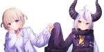  2girls absurdres ahoge blonde_hair choker collar fist_bump grey_hair highres hololive horns jacket la+_darknesss long_hair metal_collar multiple_girls pointy_ears short_twintails sleeves_past_fingers sleeves_past_wrists smile sorainu1211eaka todoroki_hajime twintails violet_eyes virtual_youtuber white_background yellow_eyes 