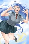  1girl :d absurdres blue_eyes blue_hair boku_no_hero_academia breasts collared_shirt double_v fengling_(furin-jp) floating grey_vest hadou_nejire hair_flowing_over hair_spread_out hands_up highres light_blue_hair long_hair looking_at_viewer necktie open_mouth pleated_skirt school_uniform shirt skirt smile solo u.a._school_uniform v very_long_hair vest white_shirt 