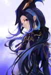  1girl black_hair blue_hair blue_headwear breasts cape clorinde_(genshin_impact) from_behind genshin_impact hat hat_feather highres jewelry long_hair looking_at_viewer looking_back seydlitz_art simple_background solo violet_eyes 