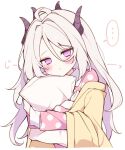  ... 1girl ahoge alternate_costume blue_archive blush commentary demon_girl demon_horns dot_nose hair_between_eyes halo hina_(blue_archive) horns hugging_object long_hair long_sleeves looking_at_viewer messy_hair multiple_horns pajamas pillow pillow_hug pink_pajamas polka_dot polka_dot_pajamas rubbing_eyes simple_background sleepwear solo spoken_ellipsis sweater upper_body violet_eyes white_background white_hair yellow_sweater yonako_(123456nya) 