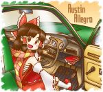  1girl :d austin_allegro benikurage_(cookie) blush boots bow brown_eyes brown_hair car cookie_(touhou) detached_sleeves frilled_bow frilled_hair_tubes frills full_body hair_bow hair_tubes hakurei_reimu half_updo highres looking_at_viewer medium_hair mgrm_ysnr mittens_removed motor_vehicle open_mouth parted_bangs red_bow red_mittens red_shirt red_skirt ribbon-trimmed_sleeves ribbon_trim right-hand_drive sarashi shirt sidelocks sitting skirt skirt_set sleeveless sleeveless_shirt smile solo steering_wheel touhou v-shaped_eyebrows white_footwear white_sleeves wide_sleeves 