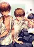  ! 3boys backpack bag black_hair blue_pants brown_eyes chi_no closed_mouth collarbone crossed_bangs dress_shirt frown glasses hair_between_eyes hand_up kanou_tenzen long_hair mitani_ryouichi multiple_boys muscular muscular_male open_clothes open_mouth open_shirt pants ponytail pornography reading shirt short_hair short_sleeves simple_background sitting smile spoken_exclamation_mark squiggle standing summer_pockets takahara_hairi violet_eyes white_background white_shirt 