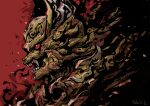  armor daikic garo garo_(series) gold_armor gold_trim open_mouth red_background red_eyes sharp_teeth teeth tokusatsu twitter_username 