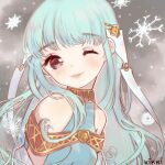  1girl artist_name bare_shoulders blue_dress blue_hair closed_mouth clouds cloudy_sky commentary dress english_commentary eyelashes fire_emblem fire_emblem_fates gold_choker hair_ribbon kikkidream light_blush lips long_hair looking_at_viewer lowres ninian_(fire_emblem) one_eye_closed outdoors red_eyes ribbon sky sleeveless sleeveless_dress smile snow snowflakes solo triangle_print upper_body white_ribbon 