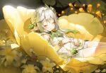  1girl bare_shoulders bloomers bracelet braid closed_eyes flower genshin_impact gold_trim gradient_hair hair_ornament highres jewelry leaf_hair_ornament lying mr1thonk multicolored_hair nahida_(genshin_impact) on_back pointy_ears side_ponytail solo underwear white_hair yellow_flower 